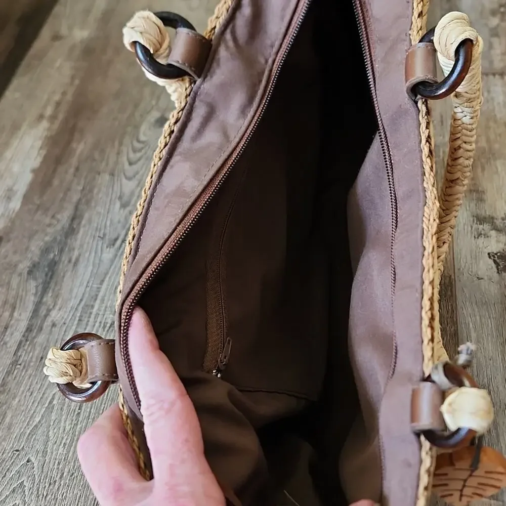 Woven Tan and Brown Cornhusk Purse Handbag‎ Boho Native Neutral Beaded Tropical